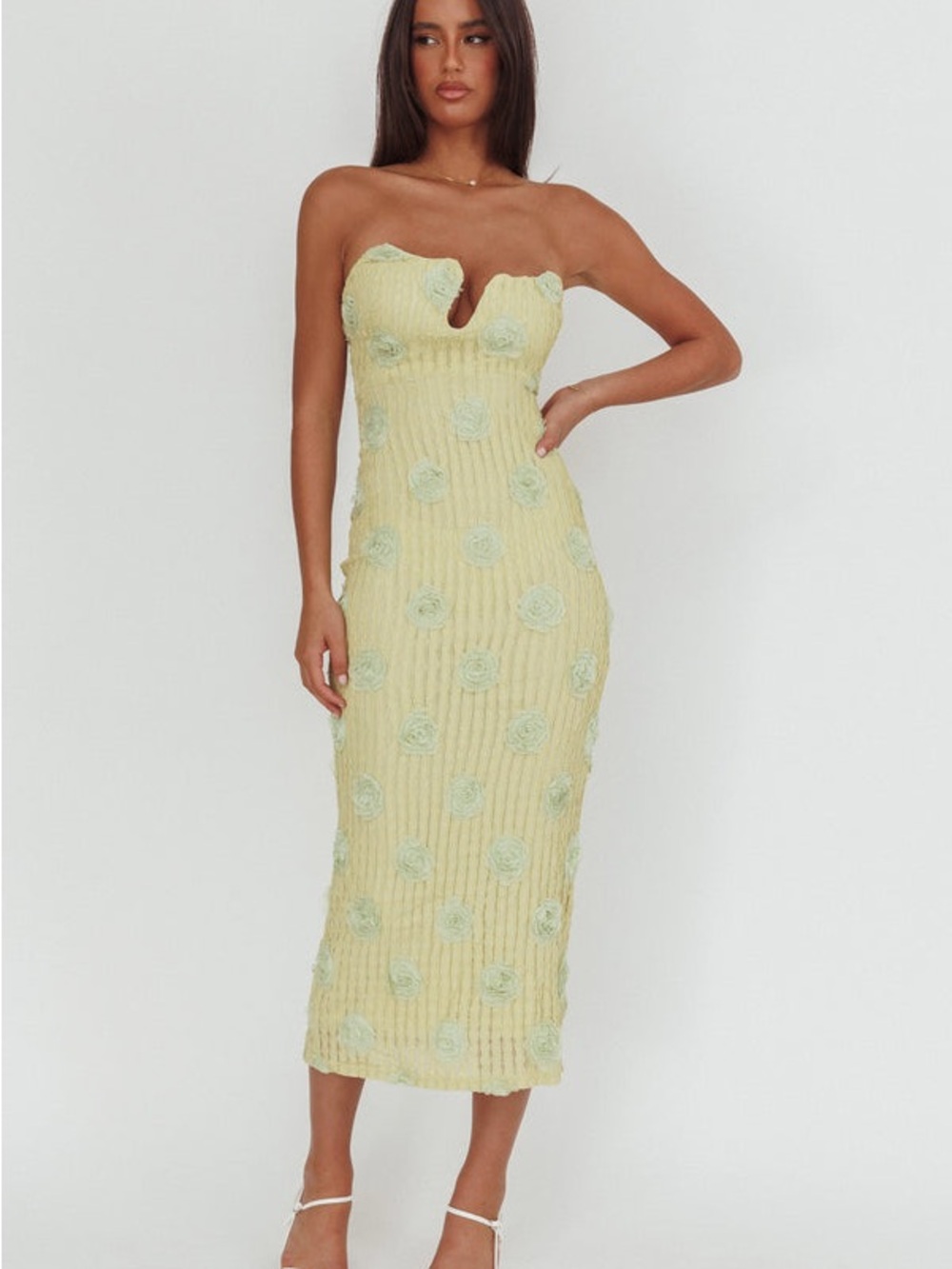 Selfie Leslie Assymetrical Strapless Yellow Floral Midi Dress